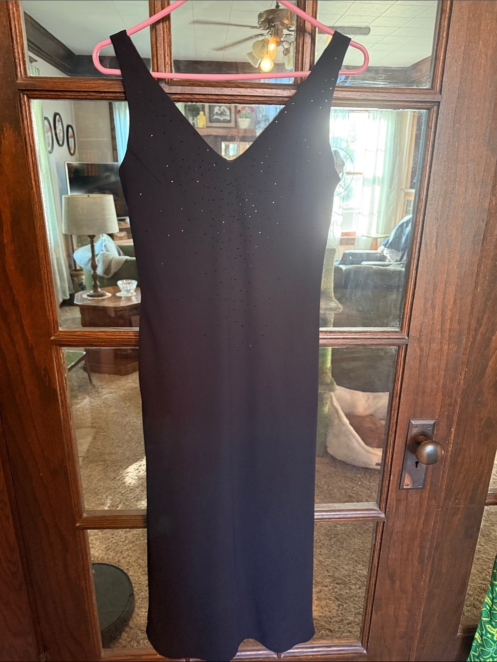 Jones New York Dress Black Rhinestone V-Neck Sleeveless Midi Sheath Dress 10 LBD